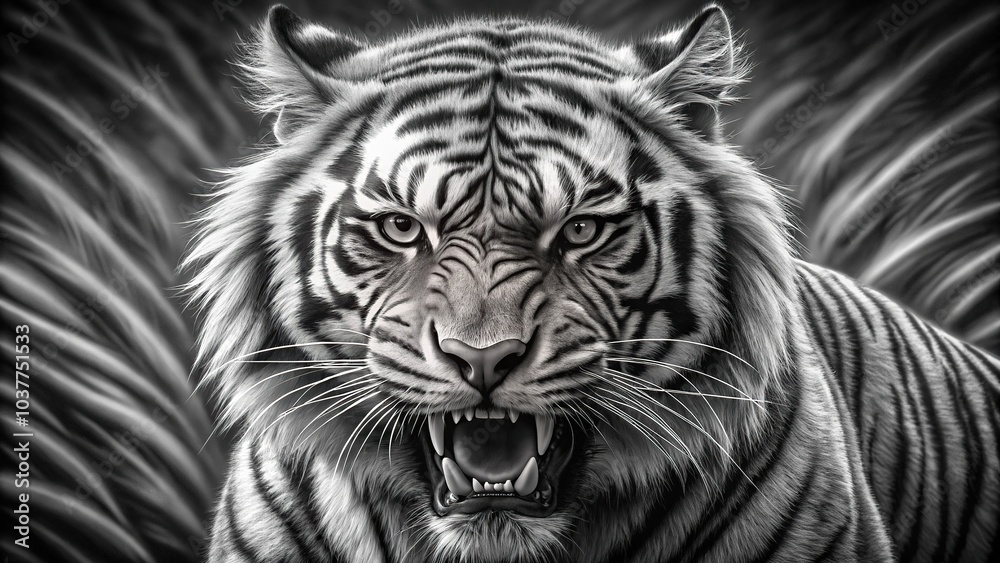 Macro monochromatic art of a fierce bear with tiger stripes growling Macro monochromatic art of a fierce bear with tiger stripes growling