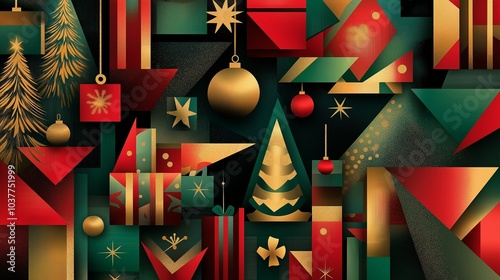Geometric Christmas Celebration: A festive collage of red, green, and gold geometric shapes, Christmas trees, ornaments, and gift boxes. Perfect for holiday cards, marketing materials.