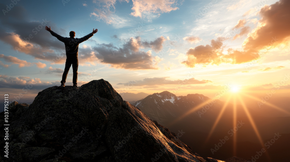 A man is standing on a mountain peak, with the sun shining brightly behind him A man is standing on a mountain peak, with the sun shining brightly behind him