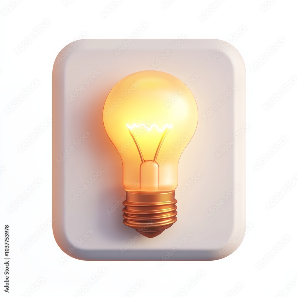3D icon representing a light bulb, isolated on a white background, symbolizing innovation and creativity, glowing softly to emphasize illumination 3D icon representing a light bulb, isolated on a white background, symbolizing innovation and creativity, glowing softly to emphasize illumination