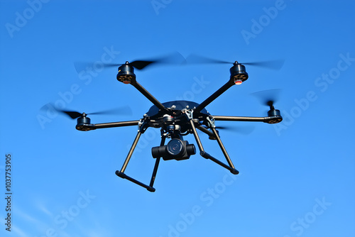 Advanced Quadcopter Hovering in Clear Blue Sky Highlighting Cutting-Edge Technology and Versatile Aerial Capabilities