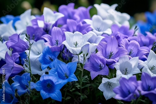 A meadow filled with Campanula (Bellflowers) swaying gently in the breeze, their soft lavender and blue flowers adding a delicate touch to the scene photo