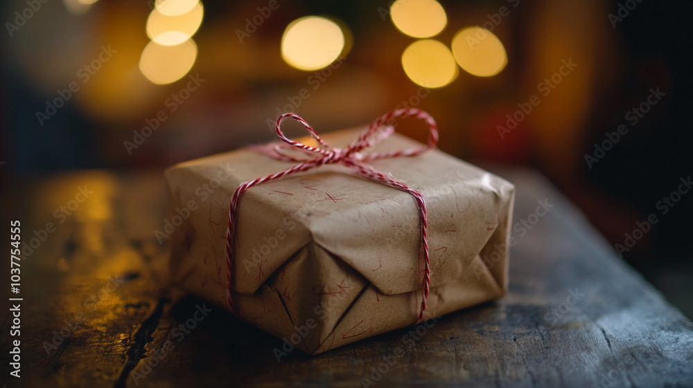 Wrapped gift placed on a rustic table with festive lights shining on Christmas day Wrapped gift placed on a rustic table with festive lights shining on Christmas day