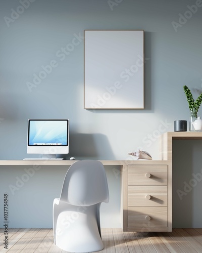 poster mockup in interior background of home office with modern plastic chair