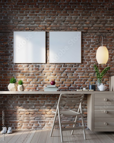 poster mockup in interior background of home office with exposed brick wall