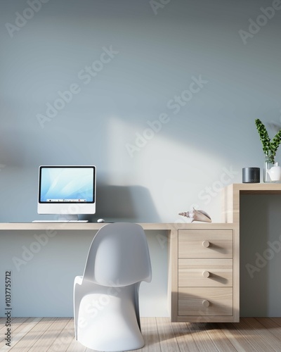 wall mockup in interior background of home office with modern plastic chair