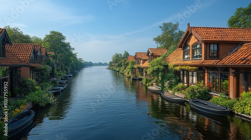 Scenic view of waterfront houses along a tranquil river.