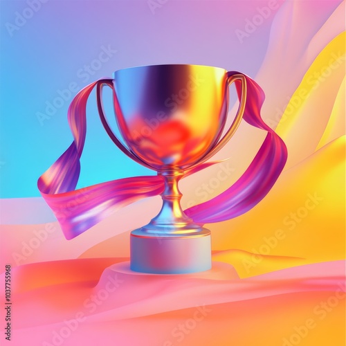 A detailed 3D icon of a trophy with ribbons, symbolizing achievement and recognition, isolated against a vibrant backdrop