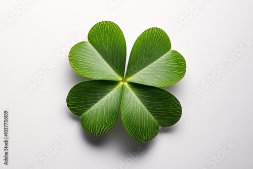 A single Oxalis Tetraphylla leaf on a plain background, showcasing the unique four-leaf clover shape with a soft green hue photo