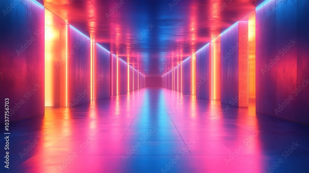 A vibrant, neon-lit corridor creating a futuristic atmosphere. A vibrant, neon-lit corridor creating a futuristic atmosphere.