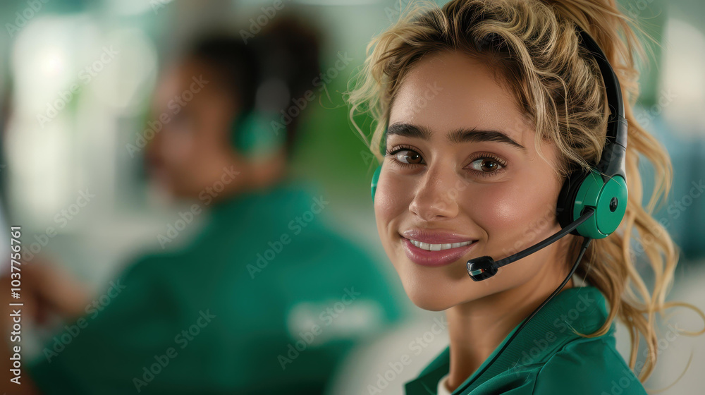 Friendly blonde in a headset, engaging with customers, brings warmth to the call center experience. Friendly blonde in a headset, engaging with customers, brings warmth to the call center experience.