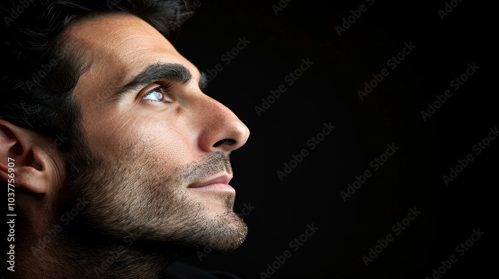 A captivating portrait of a young man gazing upward, showcasing his strong chin and determined expression. A captivating portrait of a young man gazing upward, showcasing his strong chin and determined expression.