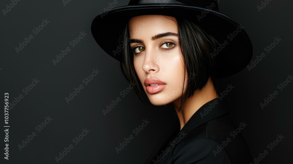 A striking portrait of a woman wearing an elegant black hat, set against a bold black background, exuding color and charisma. A striking portrait of a woman wearing an elegant black hat, set against a bold black background, exuding color and charisma.