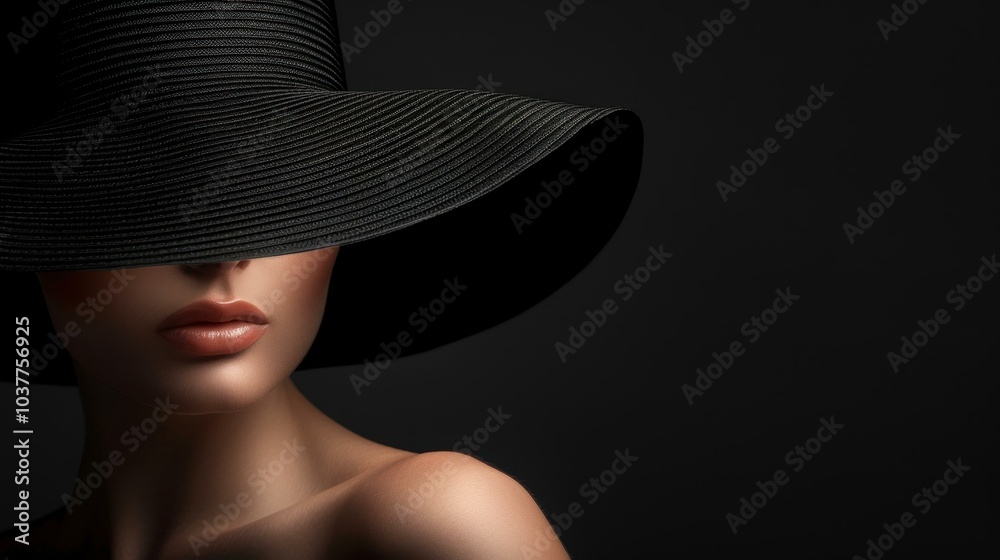 Stunning profile portrait of a girl in a black hat, capturing beauty with vibrant colors against a dark backdrop. Stunning profile portrait of a girl in a black hat, capturing beauty with vibrant colors against a dark backdrop.