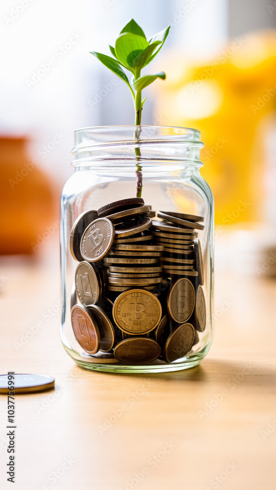small green plant sprouts from a jar coins small green plant sprouts from a jar coins