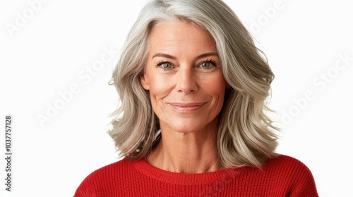 A lovely woman in her s sports a vibrant red sweater, showcasing her graceful gray hair against a clean white backdrop.