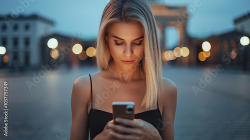 A lovely young woman enjoys a moment of connection as she texts near an iconic historical landmark in Berlin. photo