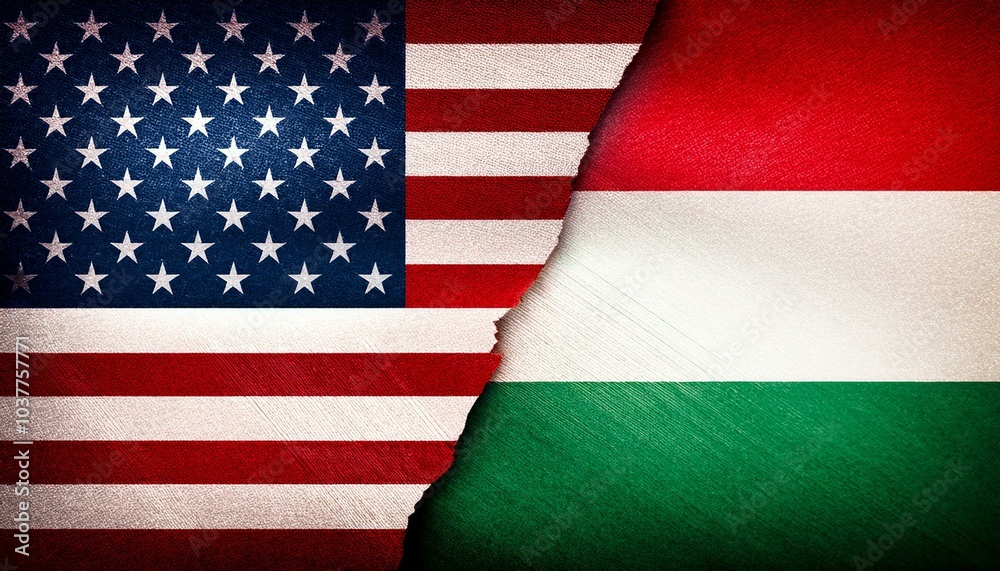 Obraz premium 古いビンテージのアメリカの国旗とハンガリーの国旗(Old grunge vintage japan flag and Hungary flag.) 
