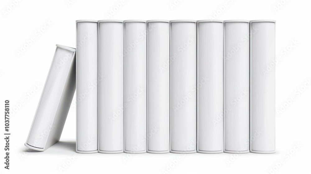 Vertical hardback book spines lined up, showcasing a clean and minimalistic design against a crisp white backdrop.