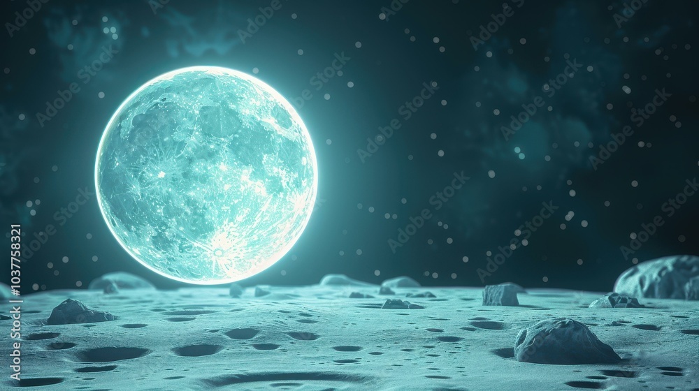 Explore a surreal moonscape, featuring rugged rocks and a dazzling starry sky in deep blue hues, perfect for dreamers. Explore a surreal moonscape, featuring rugged rocks and a dazzling starry sky in deep blue hues, perfect for dreamers.