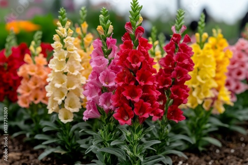 Antirrhinum (Snapdragons) in a variety of colors, with red, pink, and yellow blooms standing tall in a garden bed