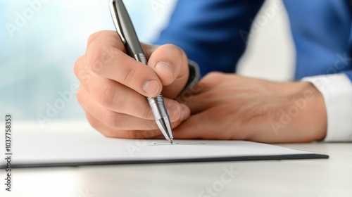 A professional in a blue suit finalizes a business deal by signing documents, with an office backdrop that emphasizes focus. photo