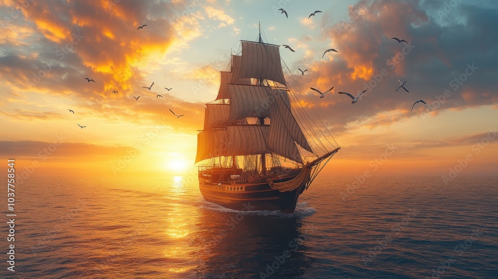 Obraz premium A majestic sailing ship gliding through a sunset-lit ocean.
