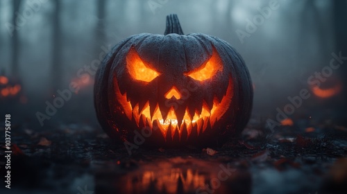 A glowing jack-o'-lantern in a misty, eerie forest setting.