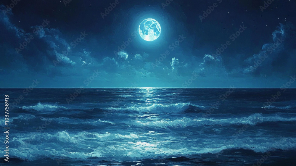 A full moon seascape painting in blue tones A full moon seascape painting in blue tones