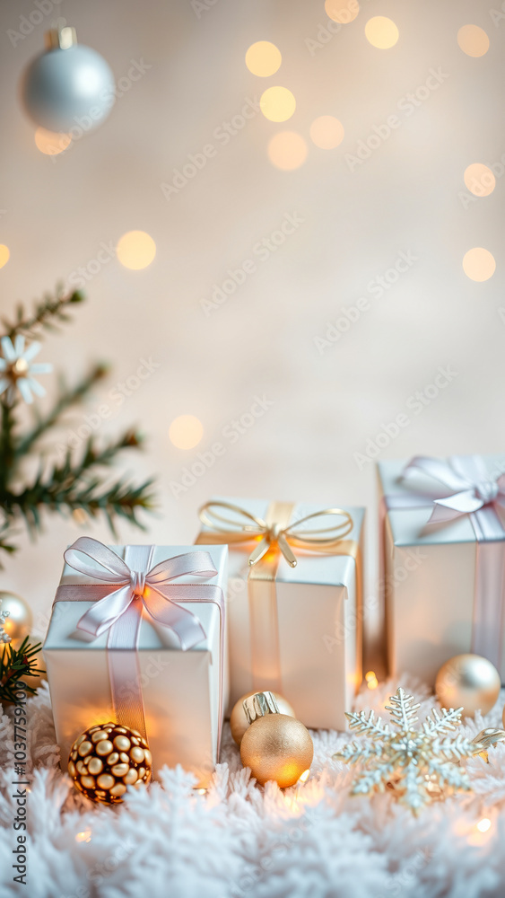 white gift boxes with pink gold bows on a fluffy white surface white gift boxes with pink gold bows on a fluffy white surface