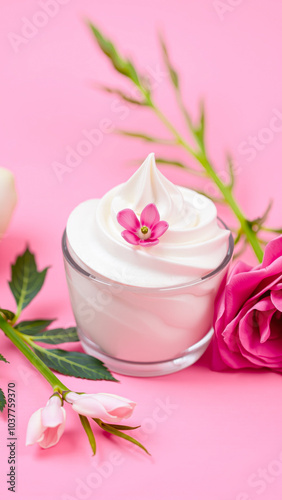 jar white cream with pink flower leaves on a pink background