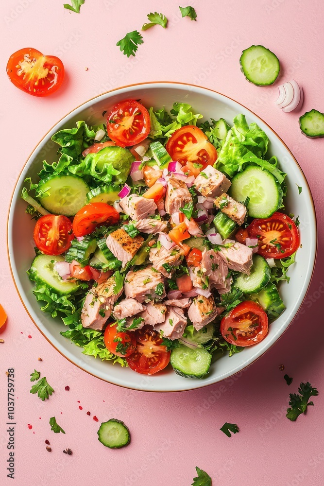 Tuna Salad with Fresh Ingredients Like Lettuce, Tomatoes, Cucumbers, and Onions Presented on a Pink Background Tuna Salad with Fresh Ingredients Like Lettuce, Tomatoes, Cucumbers, and Onions Presented on a Pink Background