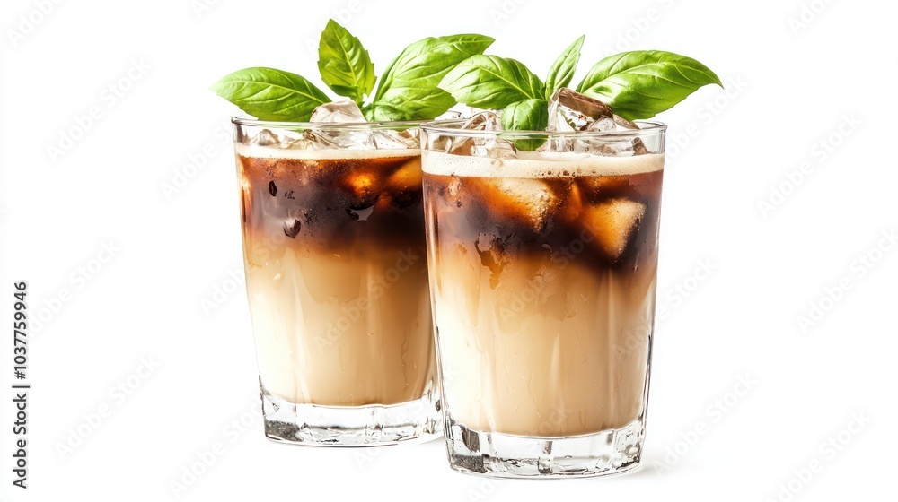 Two Refreshing Iced Coffee Drinks Garnished with Basil, Isolated Against a White Background Two Refreshing Iced Coffee Drinks Garnished with Basil, Isolated Against a White Background
