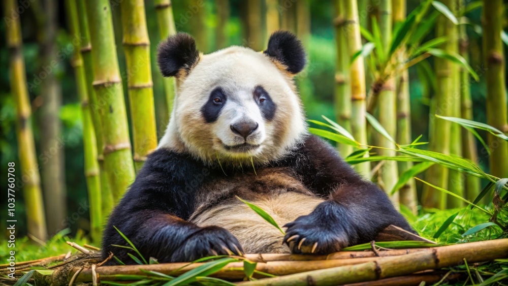 Obraz premium A panda bear peacefully lounging in a field of bamboo , panda bear, grass, bamboo, wildlife, nature, animal