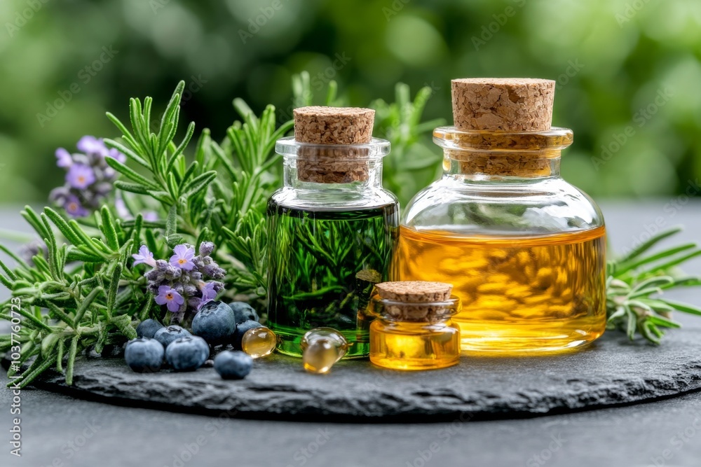Herbal extracts, depicted in a realistic setting with bottles of tinctures and essential oils, with fresh plants like rosemary and thyme in the background Herbal extracts, depicted in a realistic setting with bottles of tinctures and essential oils, with fresh plants like rosemary and thyme in the background