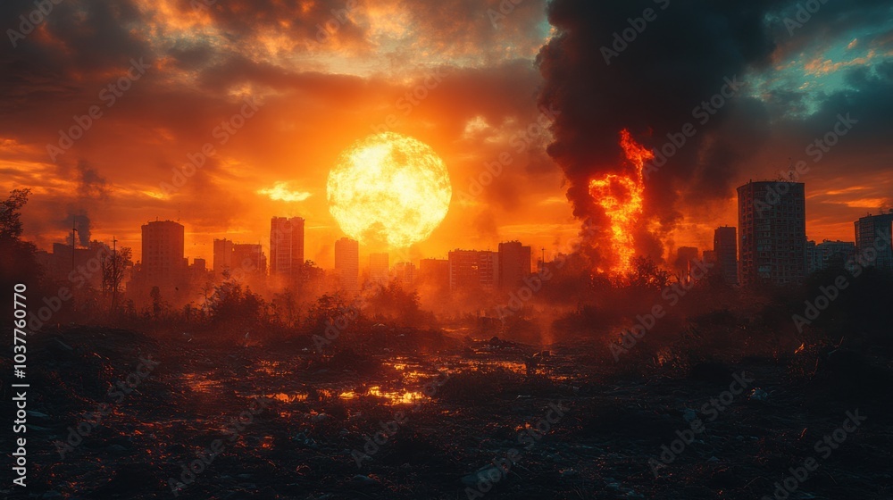 Apocalyptic landscape with a fiery sunset and burning buildings.