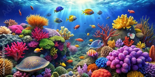 Vibrant and colorful underwater coral reef with diverse marine life, ocean, underwater, coral, reef, marine, life, colorful