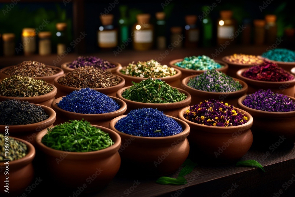 Fototapeta premium Herbs, arranged in a realistic scene with dried chamomile, lavender, and echinacea alongside herbal teas and wellness tonics