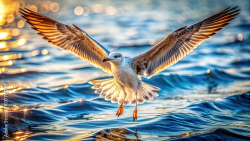 Bird with outstretched wings soaring gracefully over the glistening sea surface , freedom, nature, wildlife, ocean