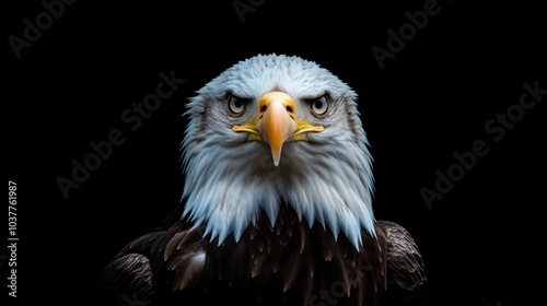 A majestic eagle gazing fiercely with a dark background.