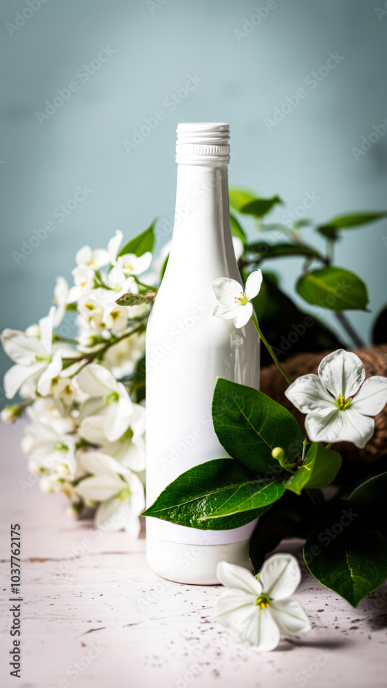 white bottle with delicate white blossoms white bottle with delicate white blossoms