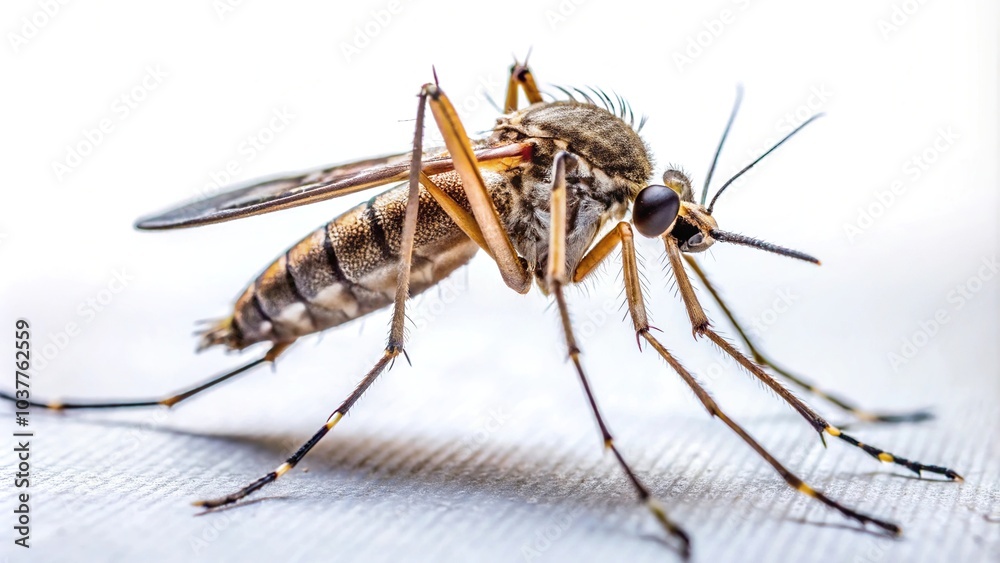 Macro photography of a mosquito on white background reflected