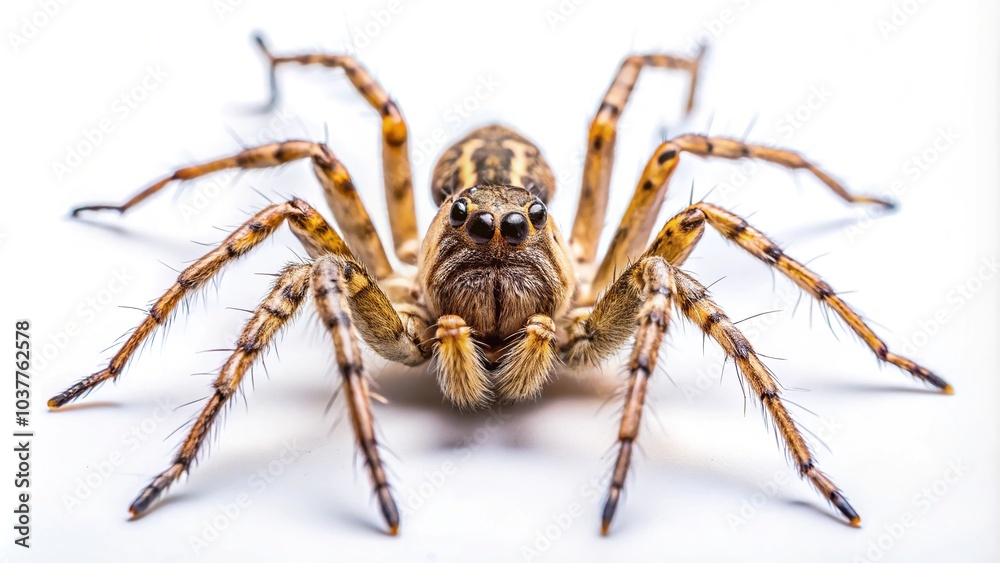 macro photography of a spider isolated on white background in Worm's Eye View macro photography of a spider isolated on white background in Worm's Eye View