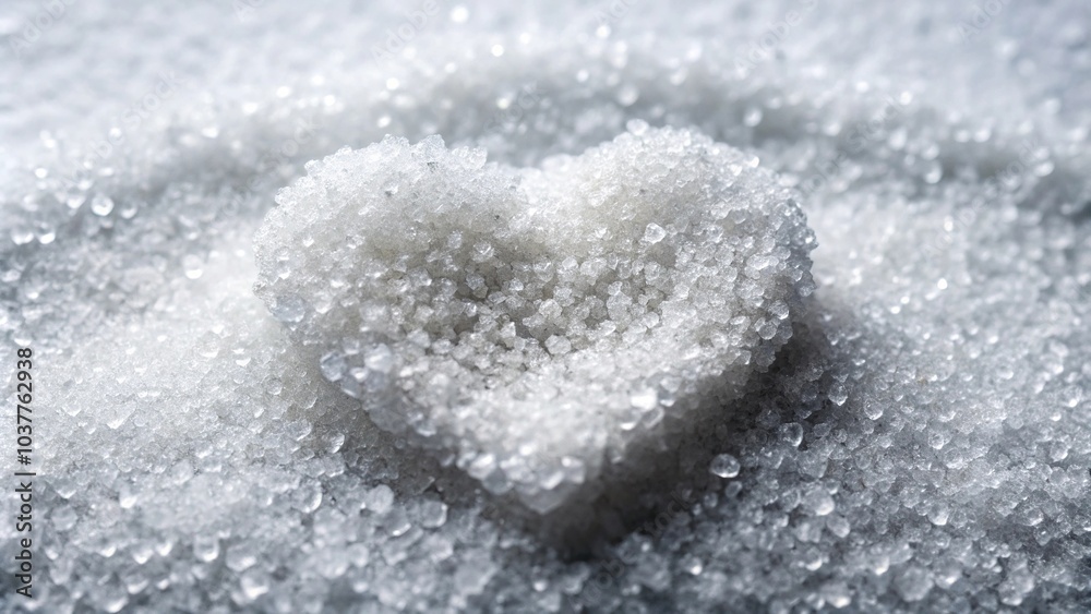 Macro photography of white sugar crystals forming a heart shape Macro photography of white sugar crystals forming a heart shape