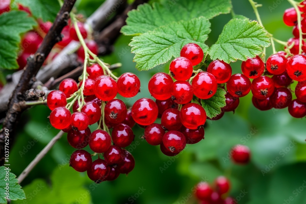 Redcurrant (Ribes Rubrum) branches laden with fruit, the deep red berries contrasting beautifully with the bright green leaves Redcurrant (Ribes Rubrum) branches laden with fruit, the deep red berries contrasting beautifully with the bright green leaves