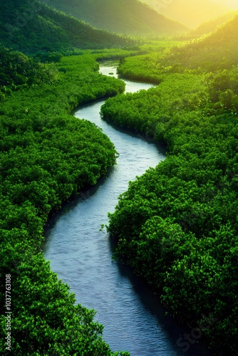 Aerial view of a river snaking through a dense greenery mangrove forest with golden sunlight shining through the canopy, abundant ecosystems with the beauty of the coastal wetlands. Generative AI