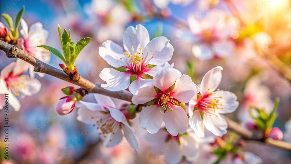 Macro shot of a blossoming almond flower on a tree in springtime Macro shot of a blossoming almond flower on a tree in springtime