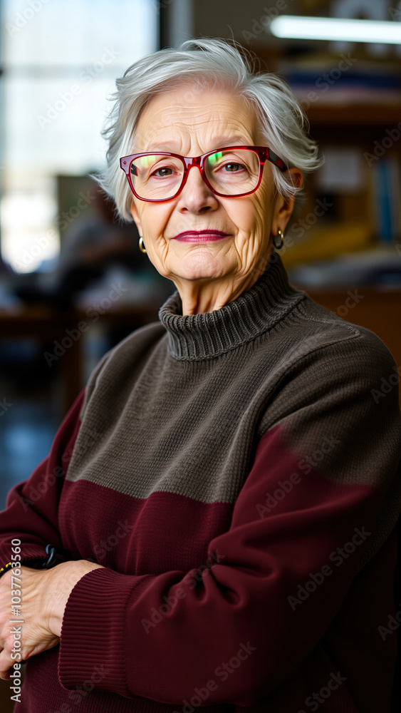 woman with short white hair wearing a burgundy sweater looks directly at the camera. woman with short white hair wearing a burgundy sweater looks directly at the camera.
