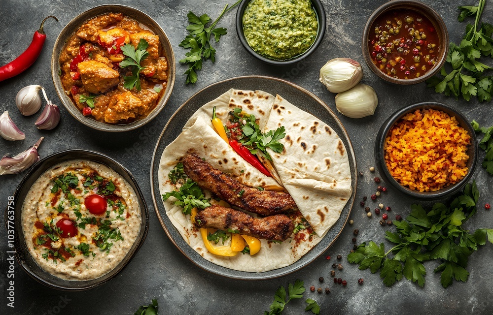 A delicious spread of Middle Eastern cuisine, featuring grilled kebabs, flatbread, and a variety of flavorful sides. A delicious spread of Middle Eastern cuisine, featuring grilled kebabs, flatbread, and a variety of flavorful sides.