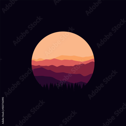 Nature mountain landscape illustration in circle.